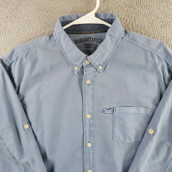 Margaritaville Mens Button Down Shirt Large Blue Roll Tab Long Sleeve Cotton L - Picture 3 of 11